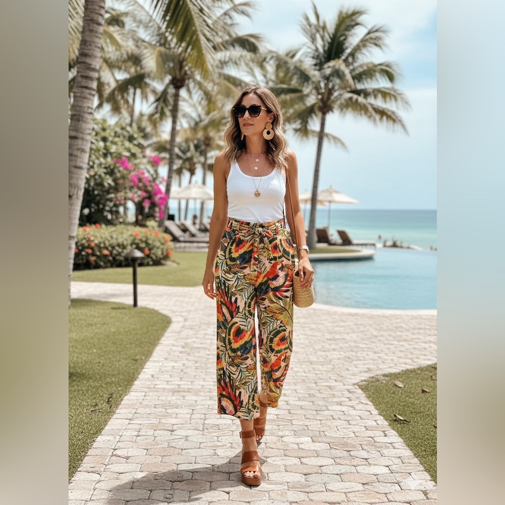 Elliane Rose Tropical Palm Leaf Print Wide Leg Pants Large L Boho Belted Summer